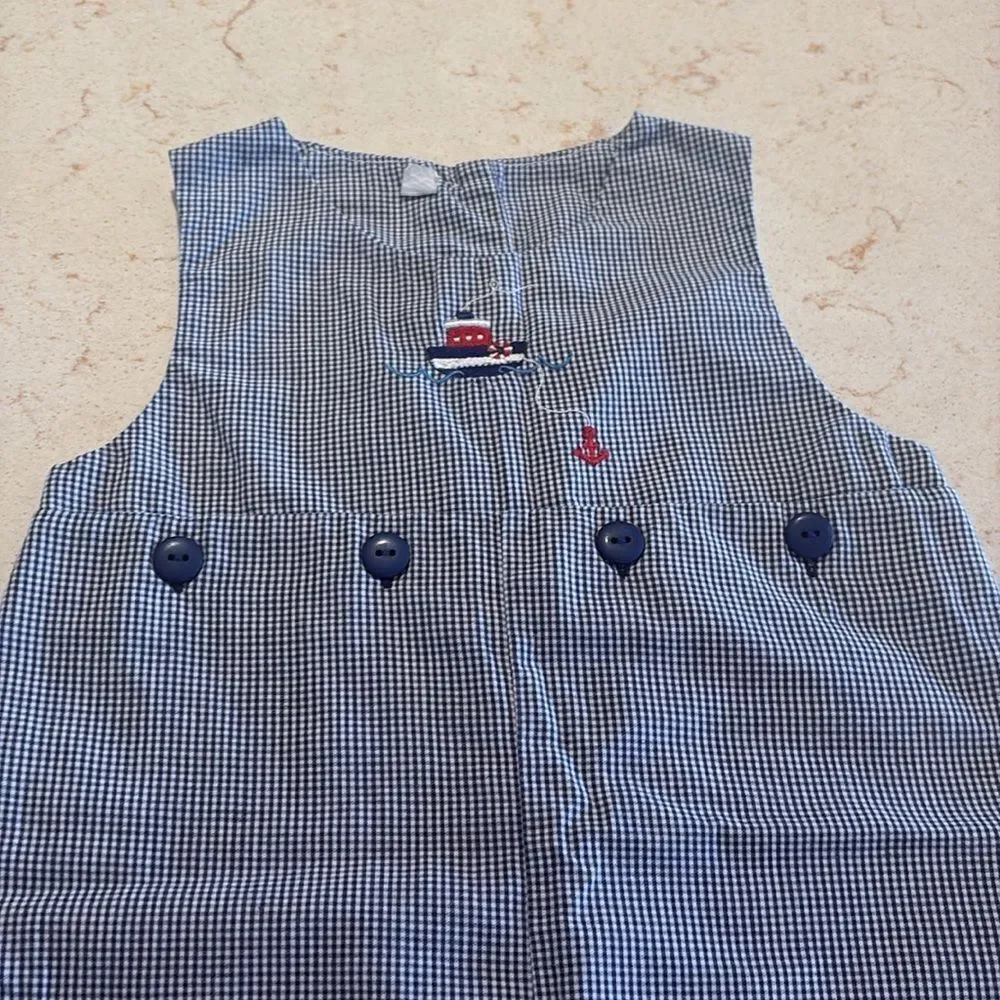 Sailboat baby romper Jon Jon SZ 9 months. Blue gingham